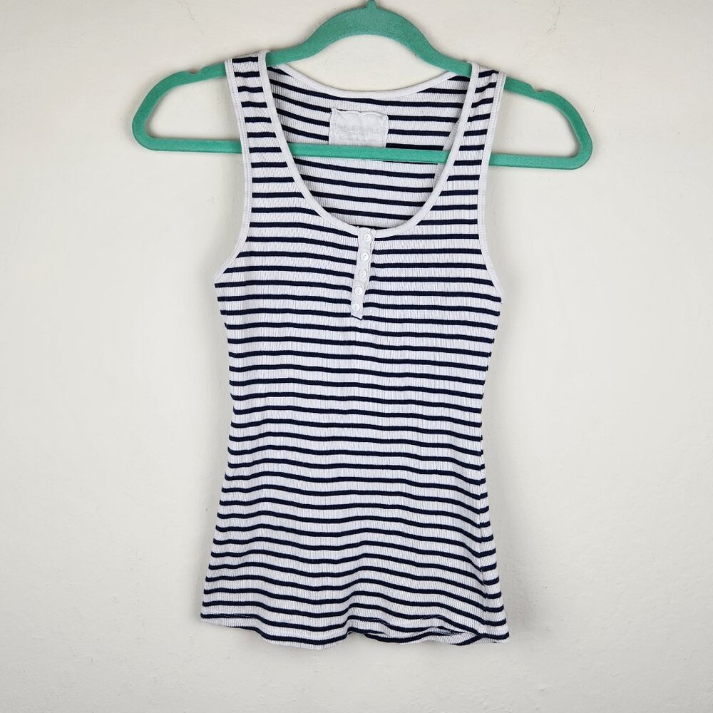 Cache Cache France Blue White Stripe Ribbed Henley Tank Top sz 1/XS
